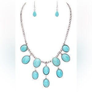 Long Silver & Turquoise Statement Necklace